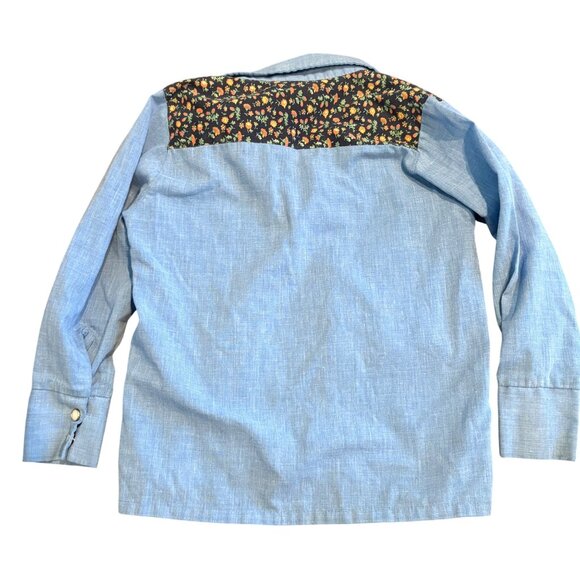 Vintage Sears Roebuck Western Shirt 1970s Snap Buttons Blue Youth M - Picture 2 of 3